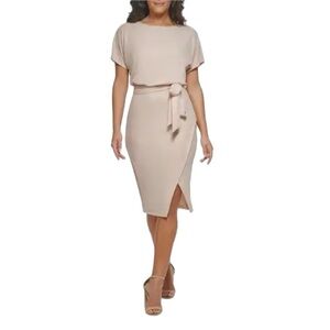Kensie Tie Front Blouson Dress. Tan Blush Size 10 #1333 NWT